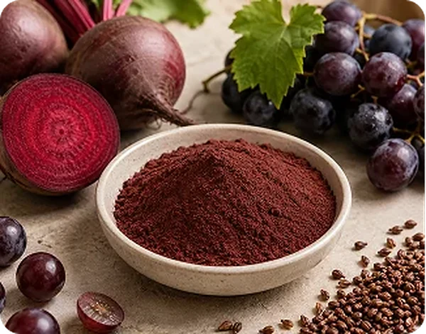Grape skin powder beside the fruit it is pressed from.