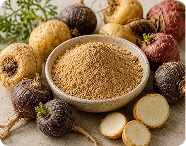 Maca root and its milled powder. The tubers run from pale yellow through to deep purple.